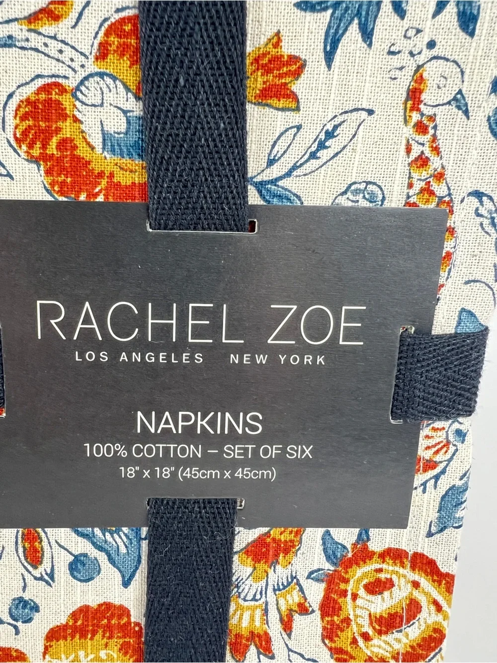 Rachel Zoe FALL Tablecloth 6 Napkins Blue Orange Cream Floral Birds 60 x 120 NEW